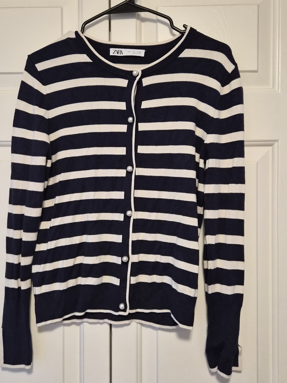 Zara Navy and White Striped Pearl-Button Cardigan